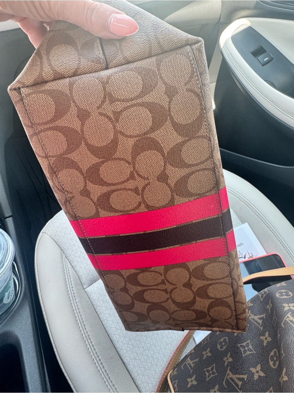 Coach Signature Stripe Tote Bag Brown Canvas Pink Red Stripe Large Carryall - Picture 9 of 12